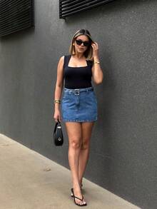 Kissmelady 8309 Women's Denim Skirt With Polyamide Straps Shorts Casual Skirt With Belt 8309 - Rửa tối - Xem 5