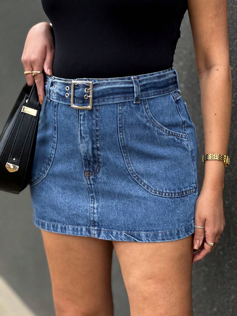 Kissmelady 8309 Women's Denim Skirt With Polyamide Straps Shorts Casual Skirt With Belt 8309 - Rửa tối - Xem 1