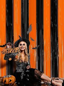 1pc Halloween Black & Orange Beaded Curtain Decoration, 1*2m Backdrop Curtain For Birthday Party, Door Decor