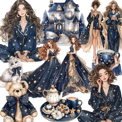 1 paquet d'autocollants décoratifs vintage de fille de cottage bleu pour scrapbooking, journal, album photo, artisanat DIY