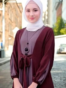 Fashionable Women's Color Block Modest Waist Elastic Cuff Crew Neck Long Sleeve Dress, Dignified And Proper - Multicolor - View 2