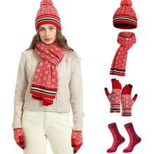 4pcs/Set Snowflake Pattern Knitted Hat, Scarf, Gloves And Socks Set, Christmas & Winter, Red