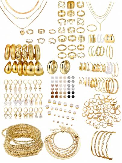 35/36/54/108pcs Heart-Shaped Rhinestone & Metal Hoop Earrings, Stud Earrings, Necklace, Bracelet, Rings Jewelry Set For Women, Vacation, Party, Gift, Daily Matching