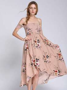 Vestido con estampado floral elegante vestido de hombros descubiertos moda para mujer - Caqui - Ver 4