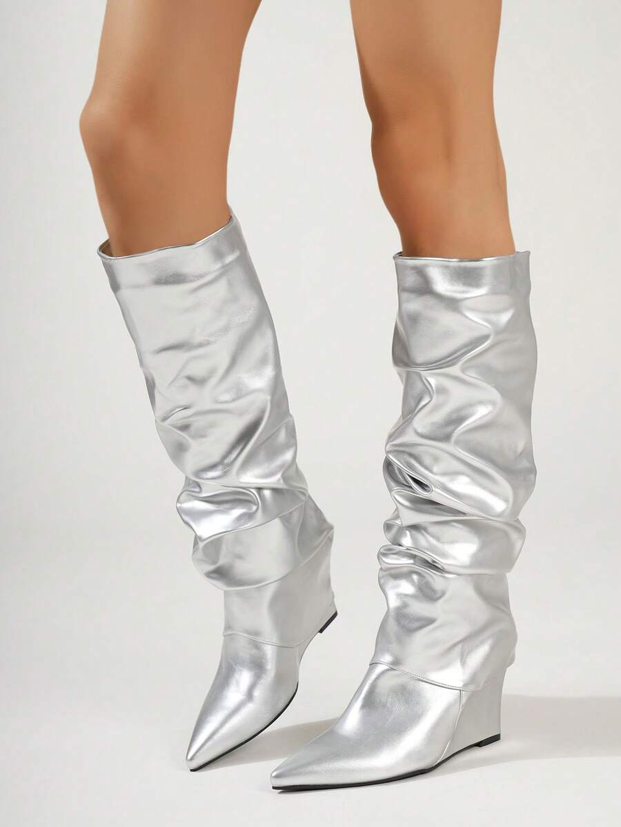 Women's Pleated Long Boots, Fashion Versatile Pointed Toe Wedge Heel Slip-On Knee-High Boots, Suitable For All Seasons - Silver - View 1