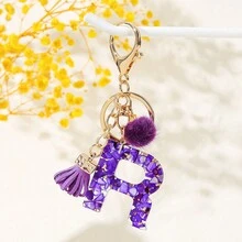 1 móc khóa chữ cái đầu màu tím, quả bóng lông nhỏ có tua rua, móc khóa chữ cái bằng nhựa cho túi xách và ba lô của phụ nữ - Quà tặng phụ kiện thời trang - Nhiều màu - Xem 10