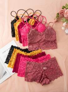 5pcs/Set Sexy Lace Lingerie Set, Backless Wirefree Bra And Camisole Top, Comfortable, For Spring/Summer