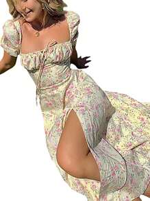 Womens Dress, Puff Short Sleeves Lace Up Chest Floral Printed High Splitting Long Skirt For Female - Nhiều màu - Xem 5