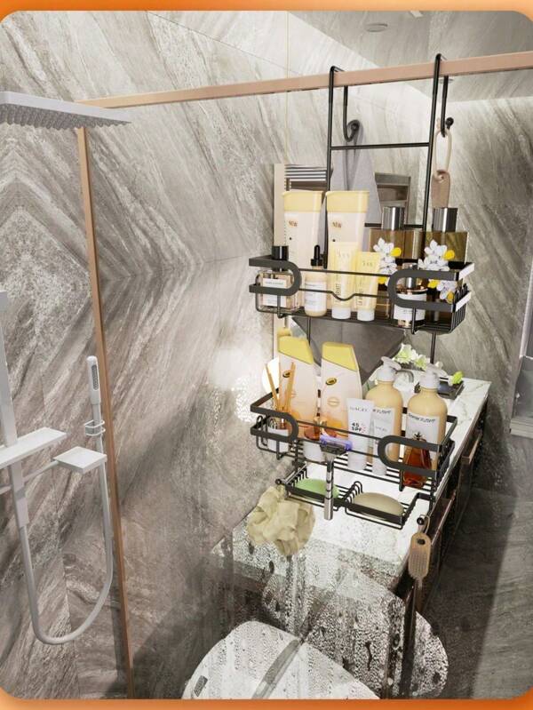 1 pezzo Mensola appendibile per doccia, mensola per doccia da appendere sopra la porta con doppio portasapone, portashampoo e portasapone liquido, gancio appendibile, scaffale di storage per bagno, cestello mensola doccia, accessori da bagno