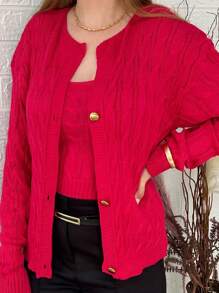 Winter Braided Coat And Tank Top - 3 Button Knit Twin Set - Knit Set - Hot Pink - View 1