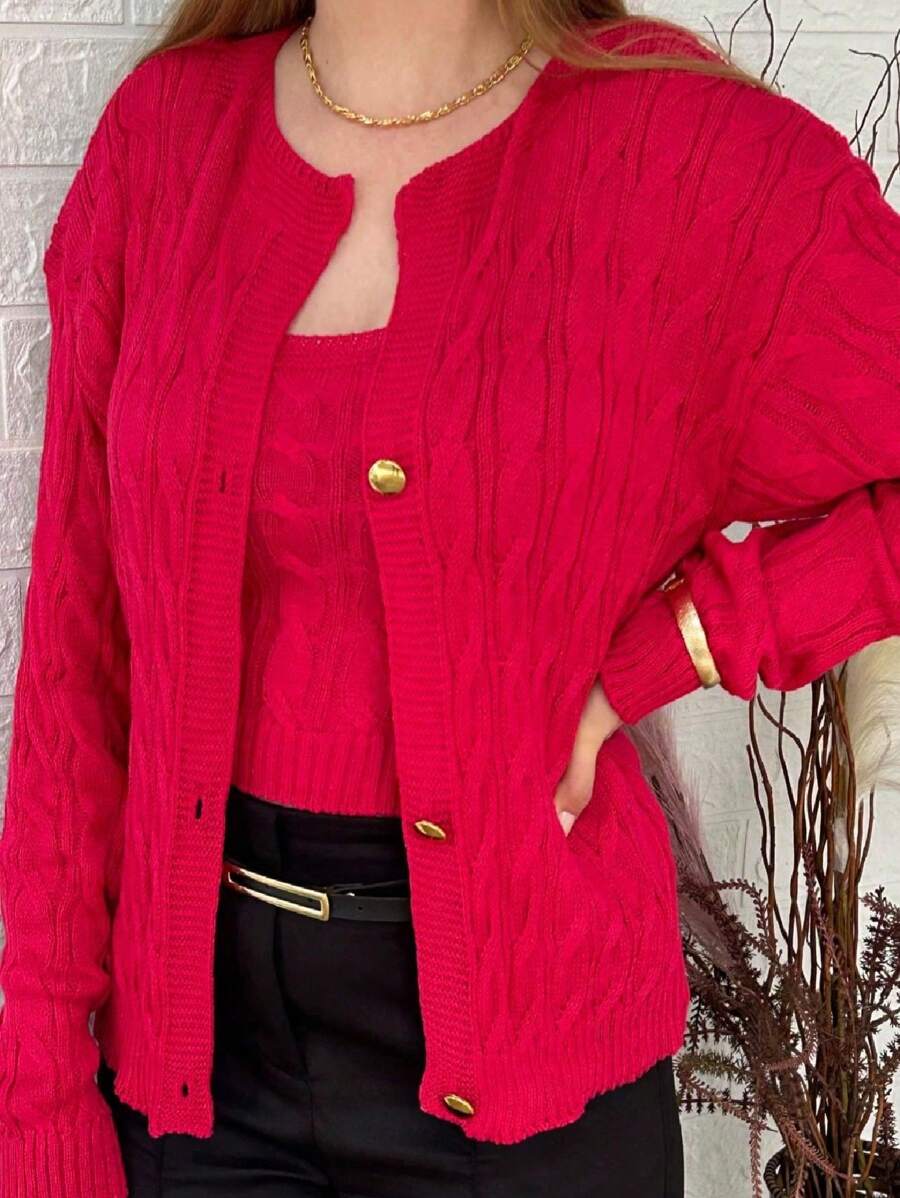 Winter Braided Coat And Tank Top - 3 Button Knit Twin Set - Knit Set - Hot Pink - View 1