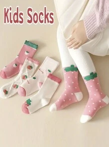 10 双女童草莓花卉图案针织透气中筒袜，四季休闲穿搭