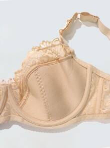 Große Größen Damen Beige BH, ultradünne Tasse sexy Spitzen Dessous, gerafft, läuterndes Verlangen, durchsichtig, Unterbügel-BH