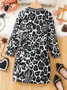 Girls Fashion Spring/Autumn Outfit, Young Girl Leopard & Star All Over Print Crew Neck Long Sleeve Midi Dress, Girls Casual Comfortable Soft Versatile Youthful Active Childrenswear, Young Girl Outdoor Holiday Fashion Personalized Daily Wear - Multicolor - View 2