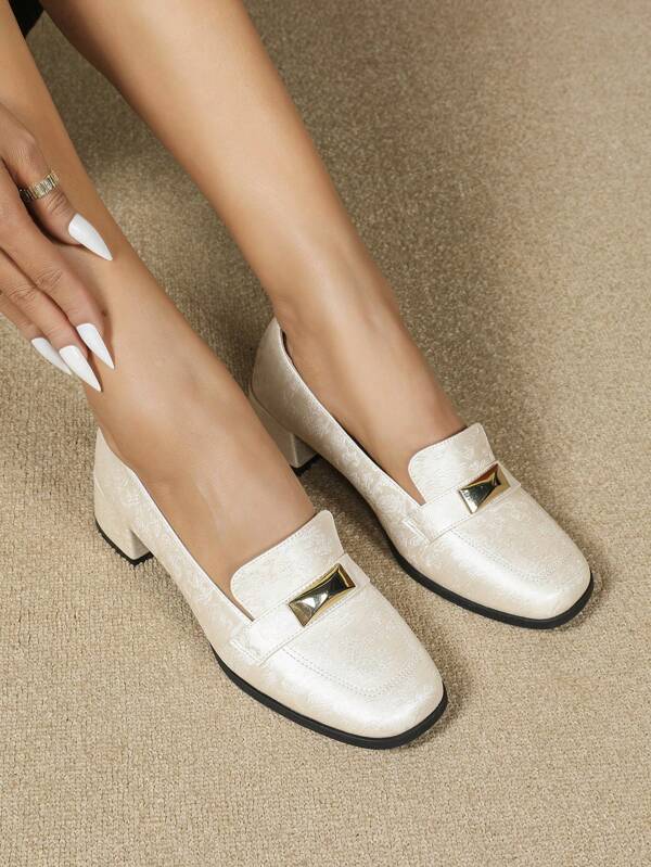 Fashion Women Versatile Simple High Heel Thick Heel Slip-On Buckle Floral Solid Color Beige Mary Jane Round Toe Ladies High Heel Pumps For 4 Seasons