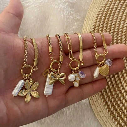 Freegrow 1 pieza Pulsera de acero inoxidable DIY con flor y corazón de perla artificial, adecuada para el uso diario de la mujer, San Valentín, mamá, madre, Día de la Madre, regalo