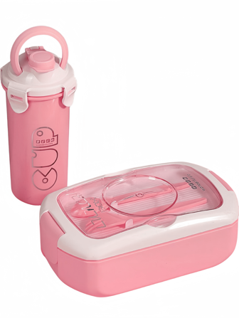 两件套便当盒、水杯套装，大容量四格午餐盒，含勺叉和酱料盒。适用于微波炉，非常适合通勤和学生午餐，学校用品