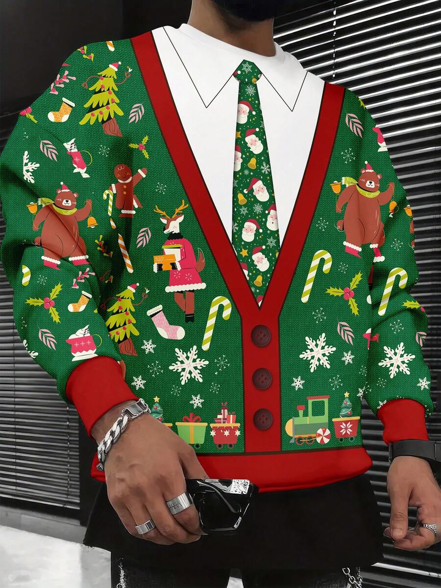 Men's Christmas Graphic Drop Shoulder Crew Neck Sweatshirt - Multicolor - View 1