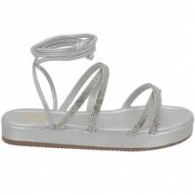Women's Flatform Strappy Sandals With Shiny Lace-Up Fashion - Bạc - Xem 6