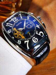 1 件装奢华复古陀飞轮银色镂空自动机械男表夜光指针小表盘皮革表带商务休闲男士手表礼品带盒 - 銀色 - 查看 2