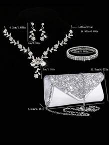 4 Peças Conjunto Feminino: Bolsa de Embreagem Fashion Cintilante, Colar, Brincos, Pulseira - Decoração de Luxo para Eventos Formais