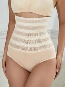 纯色蕾丝边高腰修身无缝比基尼内裤 - 米色 - 查看 5