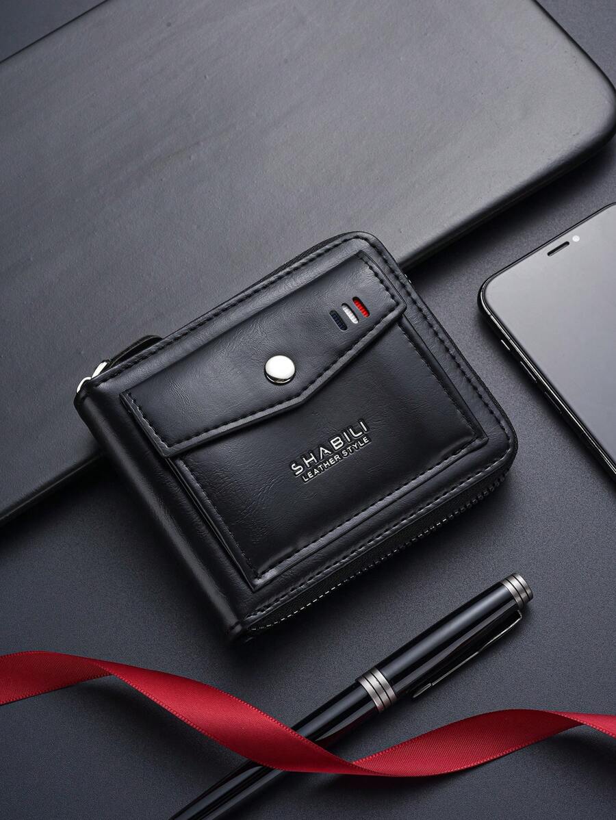 SHABILI 新款紧凑型男士钱包商务风格高端个性化拉链钱包时尚多功能卡包零钱包圣诞礼物感恩节礼物 - 黑色 - 查看 1