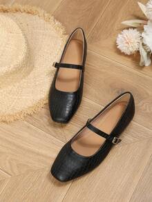 玛丽珍女鞋，方头 2024 新款春秋季平底低跟一脚蹬扣休闲鞋 - 黑色 - 查看 2