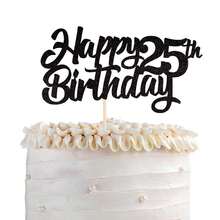 1 Paquete de decoración para pastel de 25th cumpleaños, palillo con purpurina "Feliz 25th cumpleaños", decoración para pastel "Brindemos por los 25 años", decoraciones para fiesta de 25 cumpleaños, suministros de tema negro - Negro - Ver 1