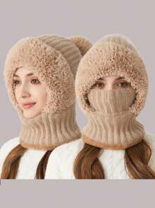 1 pieza Gorro de mujer de punto multicolor y esponjoso con protector de cuello, gorro resistente al viento para ciclismo al aire libre en otoño/invierno