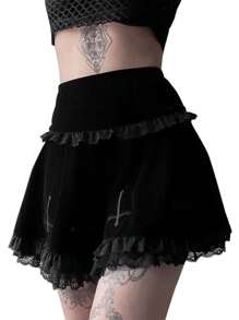 Falda de mujer con bordado cruzado, falda elegante con ribete de encaje para fiestas. - Negro - Ver 1