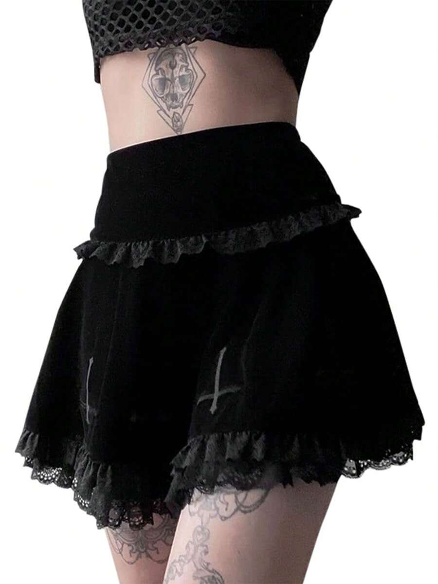 Falda de mujer con bordado cruzado, falda elegante con ribete de encaje para fiestas. - Negro - Ver 1