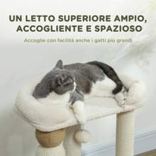PawHut Torre per Gatti con Lettino Superiore, Piattaforma e Pallina Giocattolo, Albero Tiragraffi per Gatti in Legno, Peluche e Iuta, 48.5x40x76 cm, Beige