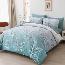 Comforter Set Queen King Size, 7 Pieces Aqua Botanical Bed In A Bag Golden Leaves Gradient Bedding Set Soft Microfiber (1 Comforter,2 Pillowcase,2 Pillow Shams,1 Flat Sheet,1 Fitted Sheet) Room Decor Bedroom Decor Mothers Day Gift Wedding Decoration. - Nước - Xem 6