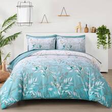 Comforter Set Queen King Size, 7 Pieces Aqua Botanical Bed In A Bag Golden Leaves Gradient Bedding Set Soft Microfiber (1 Comforter,2 Pillowcase,2 Pillow Shams,1 Flat Sheet,1 Fitted Sheet) Room Decor Bedroom Decor Mothers Day Gift Wedding Decoration. - Nước - Xem 1