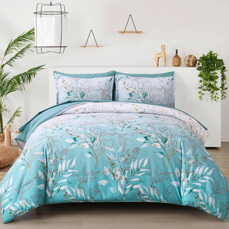 Comforter Set Queen King Size, 7 Pieces Aqua Botanical Bed In A Bag Golden Leaves Gradient Bedding Set Soft Microfiber (1 Comforter,2 Pillowcase,2 Pillow Shams,1 Flat Sheet,1 Fitted Sheet) Room Decor Bedroom Decor Mothers Day Gift Wedding Decoration. - Nước - Xem 1