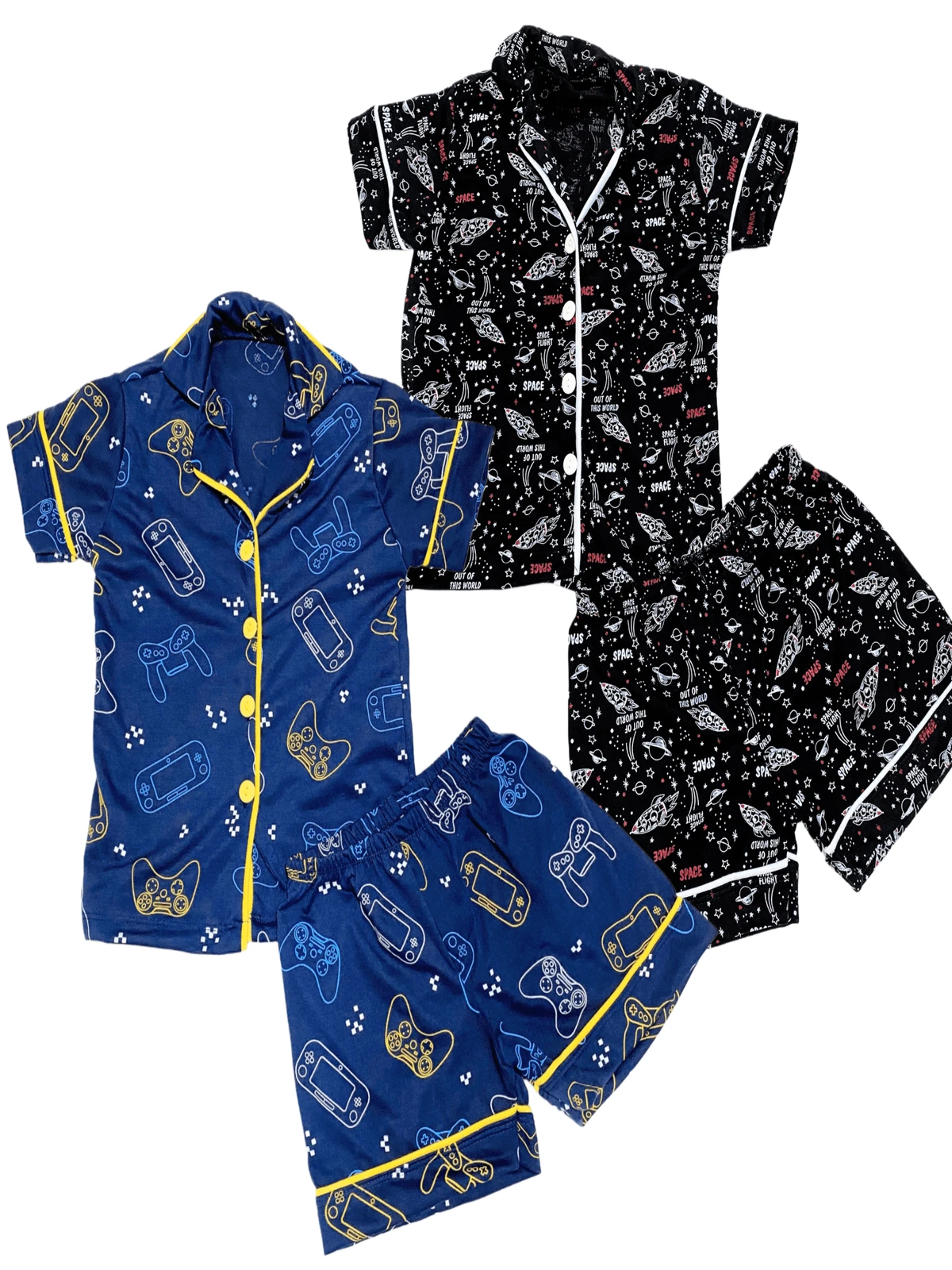 Kit 2 Children's Pajamas For American Boys Toddler Baby Blouse And Shorts With Buttons Summer Short With Collar Various Prints Comfortable Mesh For Sleeping Sizes 2 To 10 - Navy Blue - View 1