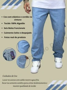 Kit 2 Men's Cargo Pants Jeans And Twill With Wide Legs And Elastic Waistband With Utility Pockets 100% Cotton, For Casual Work - Rust Brown - View 6