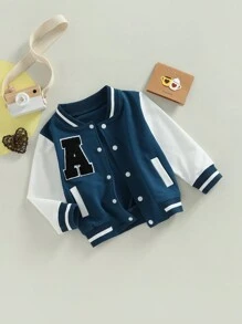 Chaquetas de béisbol para niños y niñas, de 12 M a 5T, con estampado de letras, color en contraste, manga larga, botones delanteros, abrigo de otoño e invierno. - Azul - Ver 6