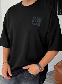 Plus Size Men Slogan "Conquer Fear" Print Street Style Round Neck Short Sleeve T-Shirt