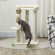 PawHut Torre per Gatti con Lettino Superiore, Piattaforma e Pallina Giocattolo, Albero Tiragraffi per Gatti in Legno, Peluche e Iuta, 48.5x40x76 cm, Beige