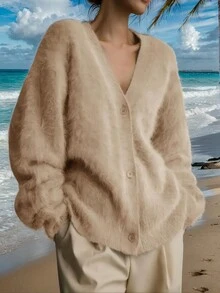 1 chiếc áo len cardigan dệt kim đơn hàng khuy đơn giản, vai trễ màu trơn cho nữ, áo len thu đông, áo nữ - Màu be - Xem 7
