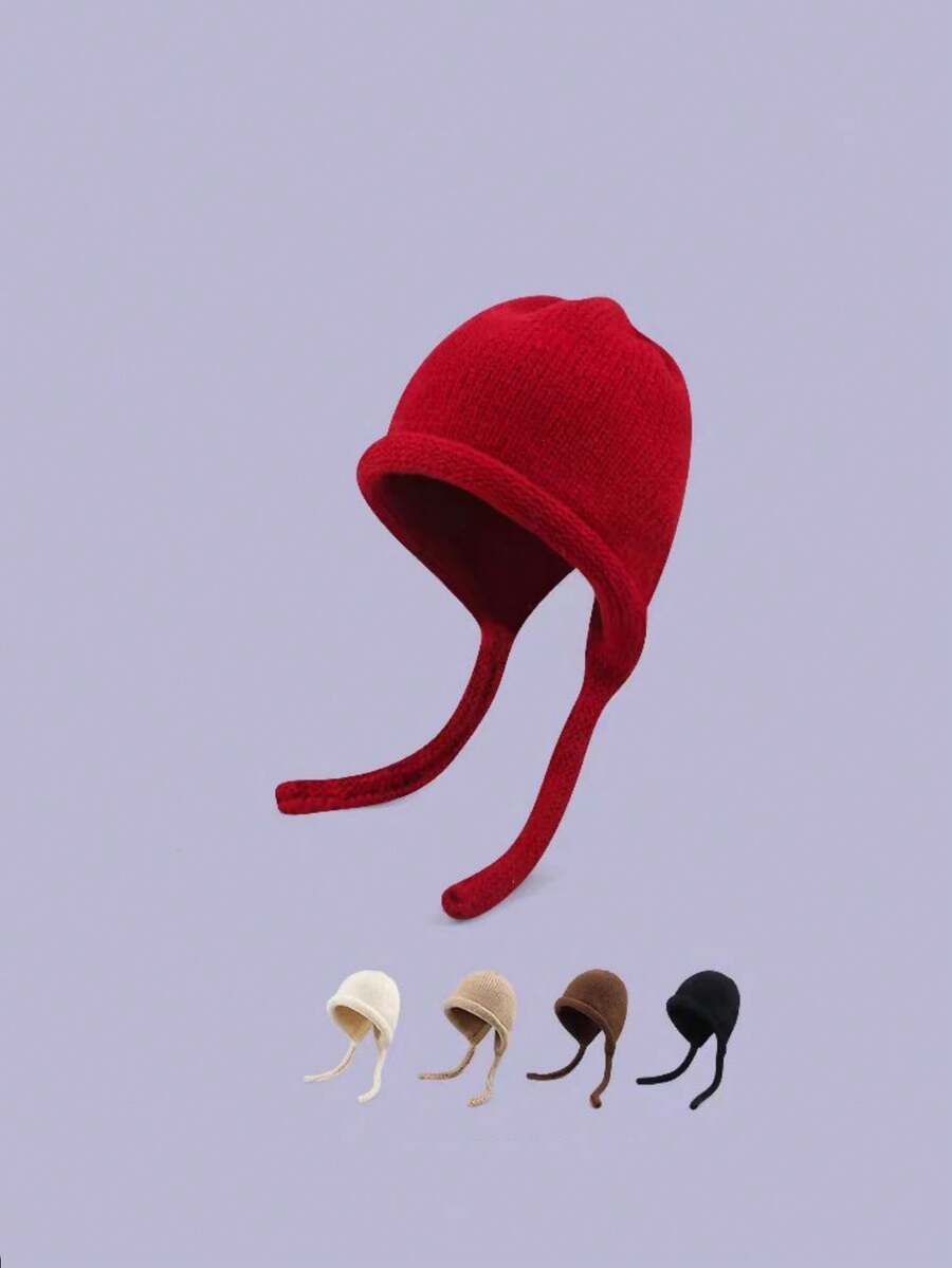 1 chiếc mũ len dệt kim màu trơn phong cách boho giản dị dễ thương thanh lịch cổ điển đường phố sang trọng, ấm áp, có dây rút có thể điều chỉnh, chống gió, thích hợp cho mùa thu/đông - Nhiều màu - Xem 1