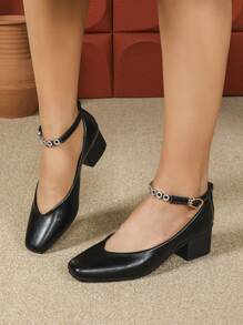 New Fashion Mary Jane Single Strap Square Toe Women High Heel Pumps - Black - View 2
