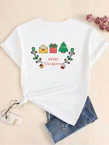 Merry Christmas Printed T-Shirt Women Streetwear Cotton Comfort Casual Short Sleeve Premium - blanco - Ver 3