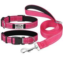 Reflective Dog Collar And Leash Set With Locking Buckle Personalized Nylon Pet Collars Adjustable For Small Medium Large Dogs, Custom Reflective Dog Collar With Name Plate - Hot Pink - View 14