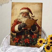 1 pieza Póster artístico vintage de lienzo con impresión | Enmarcado en lienzo - Santa Claus leyendo arte navideño, perfecto para la decoración rústica del hogar, decoración de invierno, decoración de habitación, decoración de pared, regalo de Navidad perfecto
