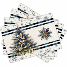 1/4/10 件圣诞蓝色雪花与圣诞树花卉图案桌旗与餐垫套装、圣诞气氛节日餐桌装饰布艺桌旗、圣诞装饰、礼品桌旗与餐垫套装适用于室内外庆祝活动、季节性派对用品、厨房餐桌装饰、派对餐桌装饰、居家桌旗、餐厅桌布装饰