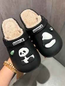 Dép xỏ ngón thời trang in hình gấu trúc dễ thương cho nữ, giày đi trong nhà chống trượt màu đen, đế bằng thoải mái, giản dị cho học sinh, phong cách đại học thanh lịch cho mùa thu/đông - màu đen - Xem 3