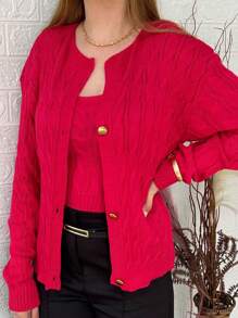 Winter Braided Coat And Tank Top - 3 Button Knit Twin Set - Knit Set - Hot Pink - View 2